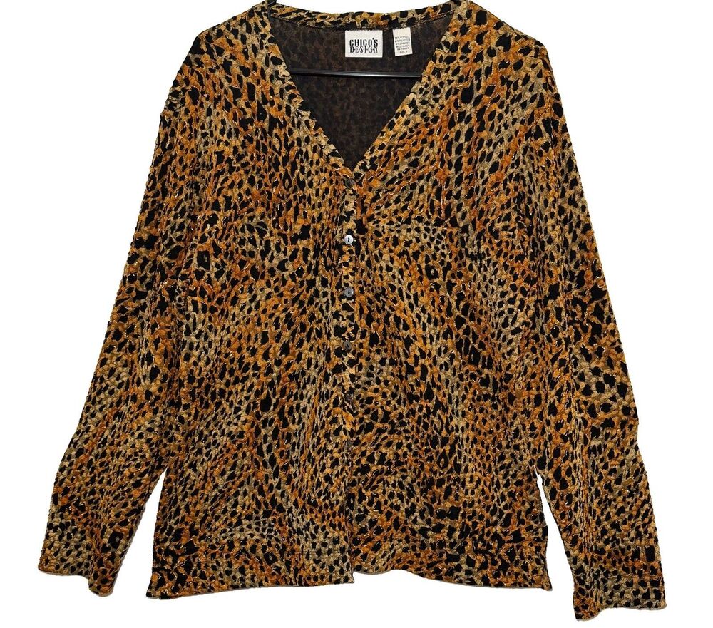 Vintage Chico’s Design USA Leopard Print Button Front Cardigan Sweater Size XL